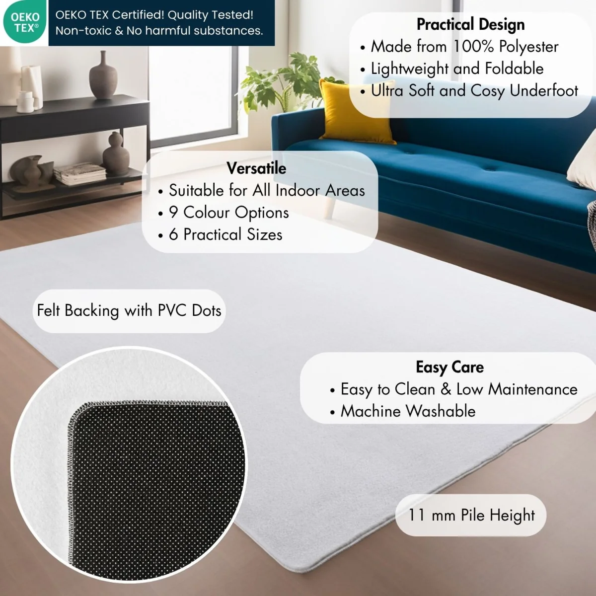 Snuggly Washable Low Pile Living Room Area Rug - Anti-Slip Felt Backing - Snow White / 120cm / 80cm – image 4