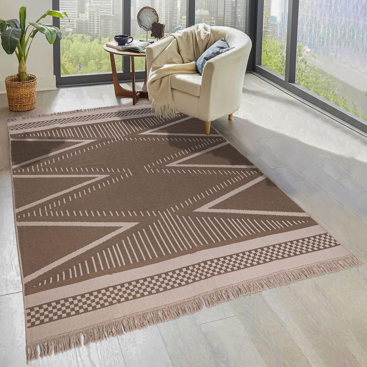 Natural Geometric Aztec Fringed Flatweave Area Rug - Azteca - Natural / 160cm
