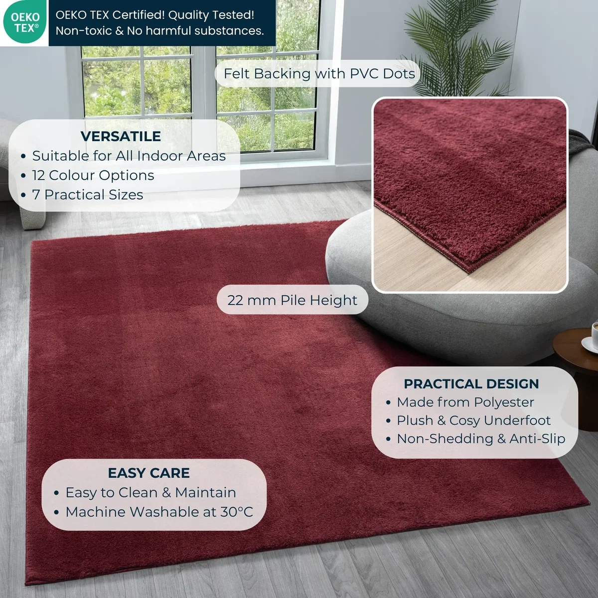 Desire Rugs Comfy Washable Low Pile Living Room Plain Area Rug - Red – image 4