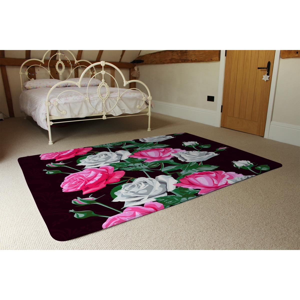 Pattern Of Pink And White Flowers Designer Rug - Black / 110cm – image 3