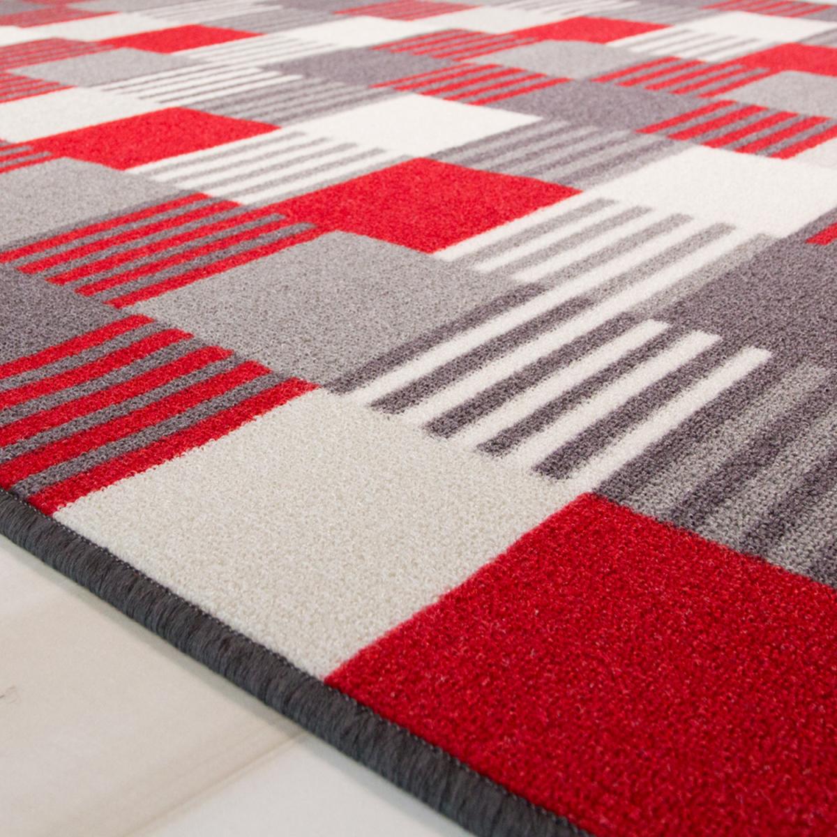 Red Grey Geometric Block Striped Non Slip Washable Kitchen Utility Mat - Red / 160 x 120cm – image 2