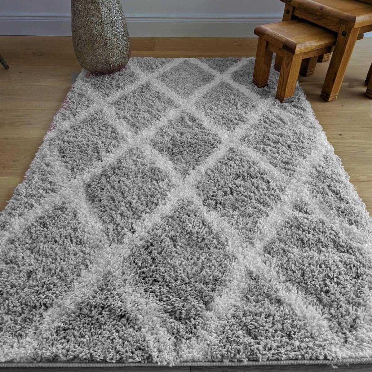 Grey Shaggy Moroccan Trellis Rug - Oslo - Grey / 110cm – image 3