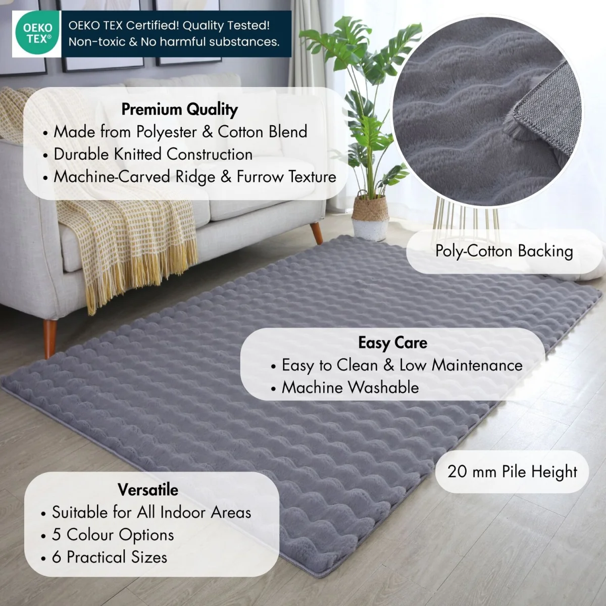 Orbie Washable Low Pile Super Soft Living Room Area Rug Machine Carved Ridge-Furrow Design - Anthracite / 200cm / 60cm – image 3