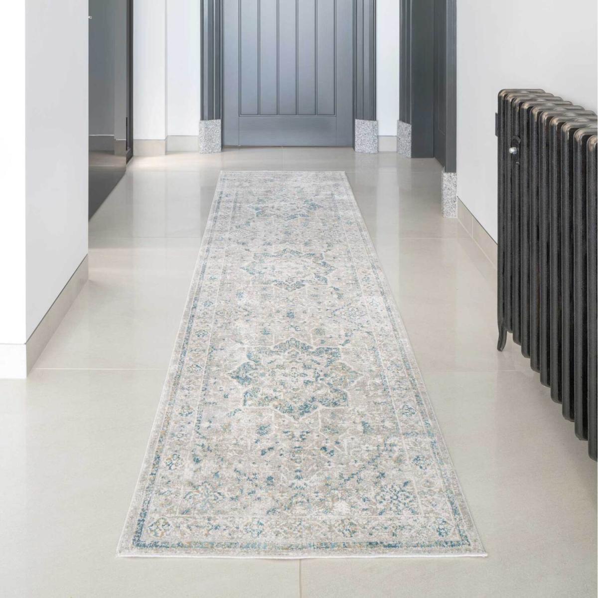 Grey Blue Bordered Floral Medallion Living Area Rug - Blue / 240 x 70cm – image 1