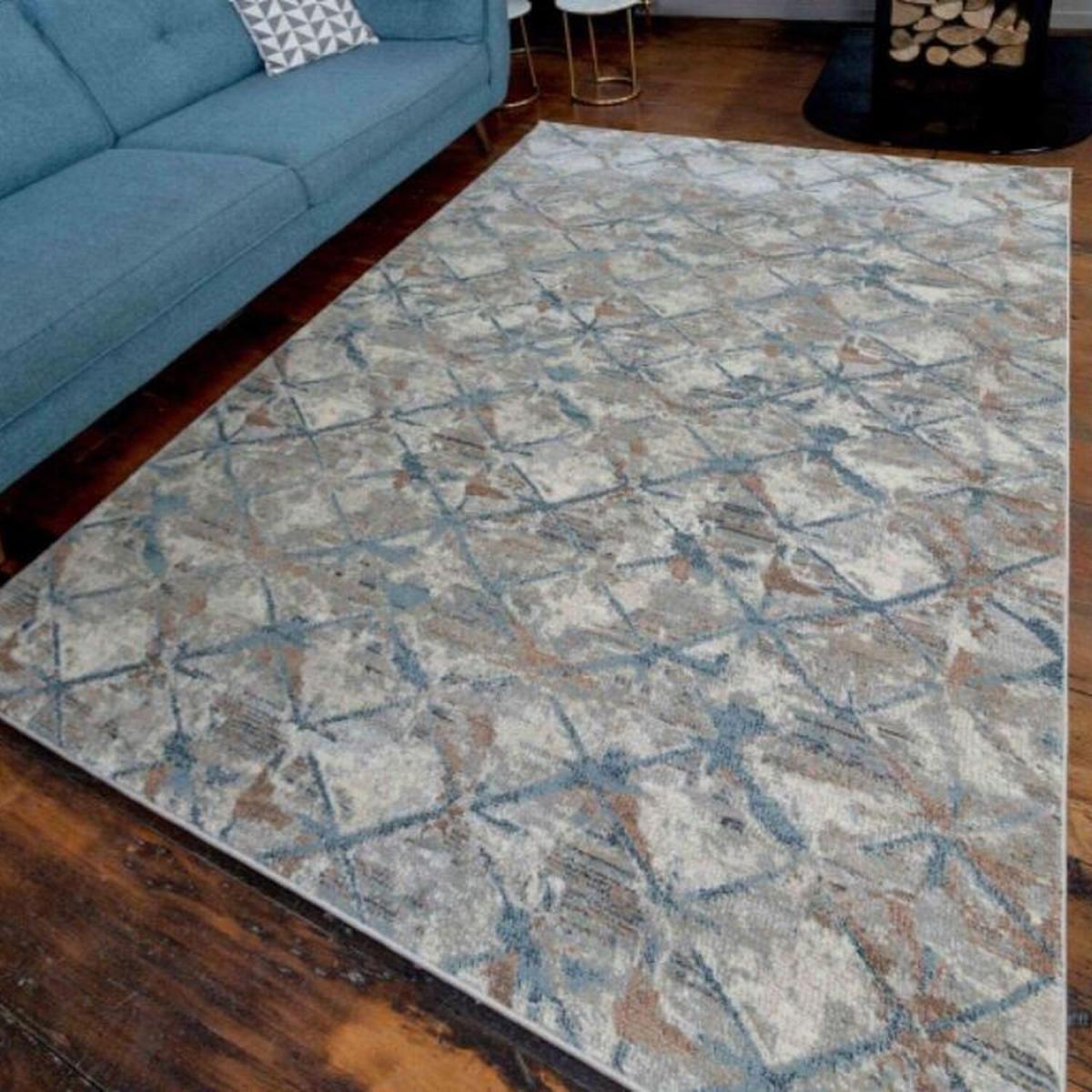 Grey Geometric Designer Living Room Rug - Liffey - Blue / 230cm / 160x230cm – image 1