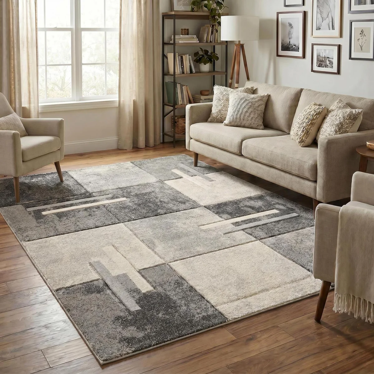 Santiago Modern Abstract Geometric Carved Rugs Living Room Tile Design Area Rug - Grey / 220cm – image 2