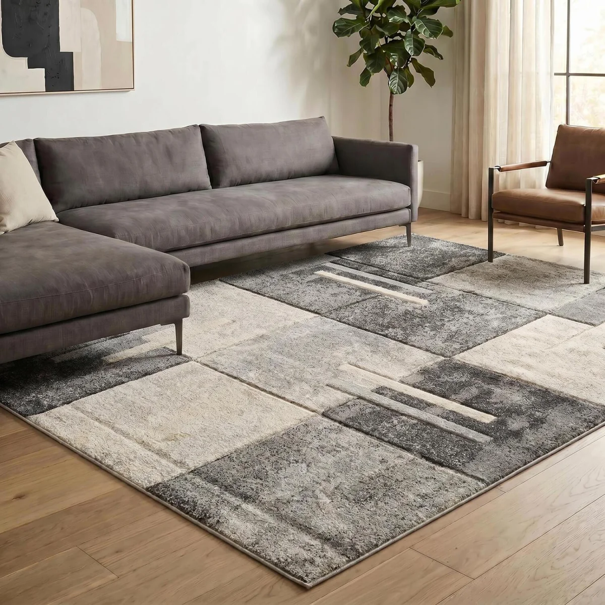 Santiago Modern Abstract Geometric Carved Rugs Living Room Tile Design Area Rug - Grey / 220cm – image 4