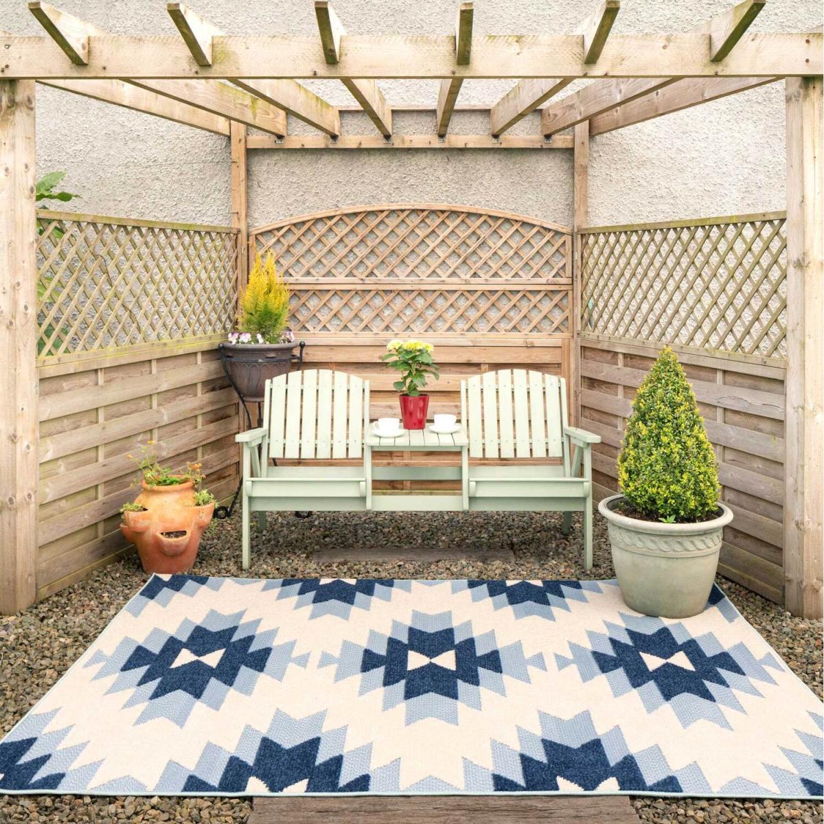 Blue Textured Aztec Geometric Weatherproof Outdoor Garden Rug - Blue / 230 x 160cm – image 2