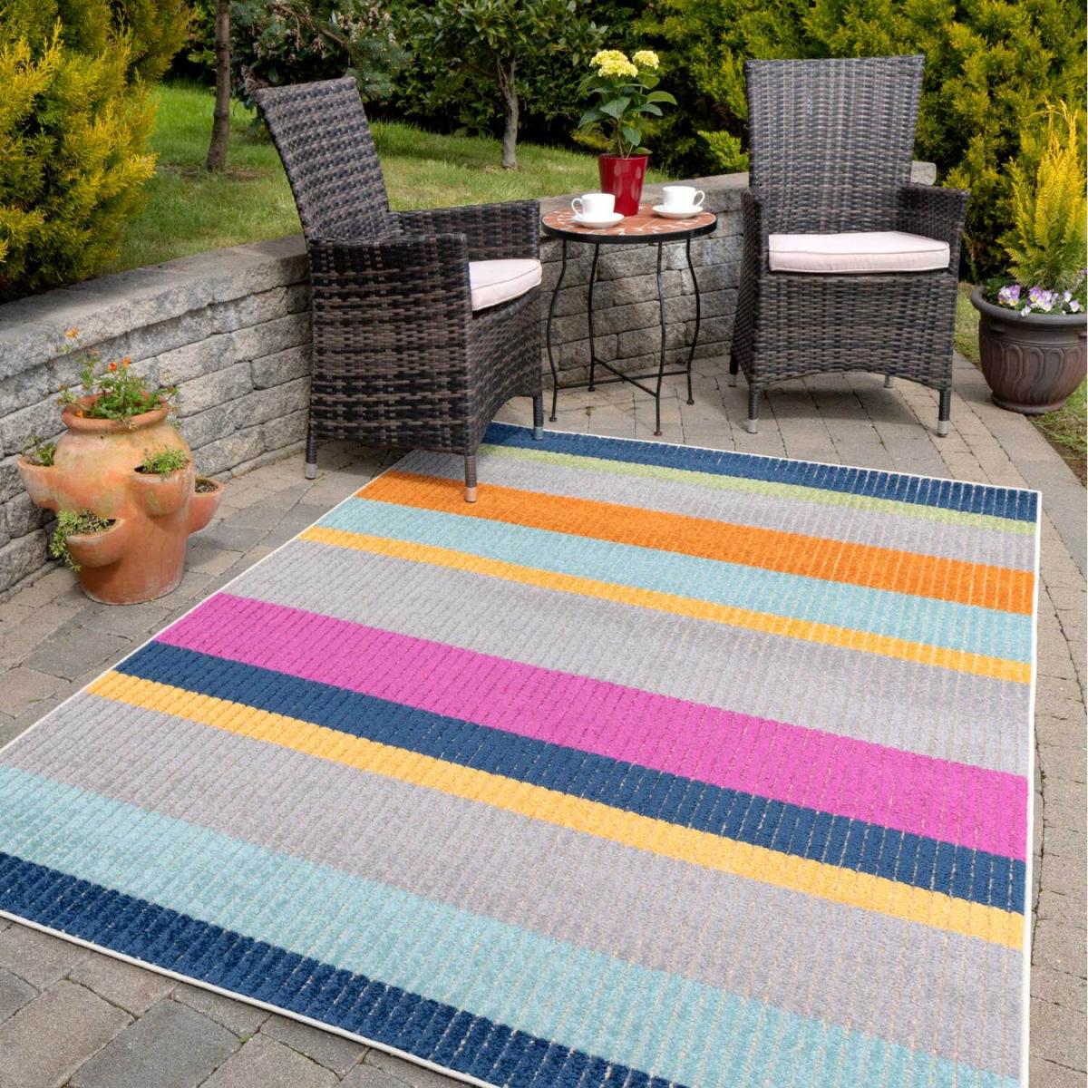 Multicolour Textured Striped Weatherproof Outdoor Garden Rug - Multicolour / 170 x 120cm – image 2