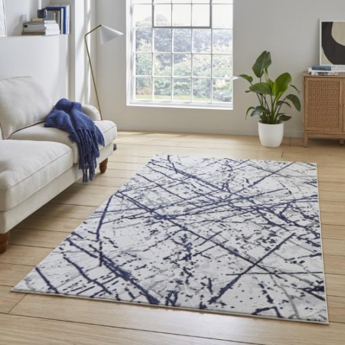 Modern Silver and Blue Abstract Area Rug - Grey / Blue / 160cm