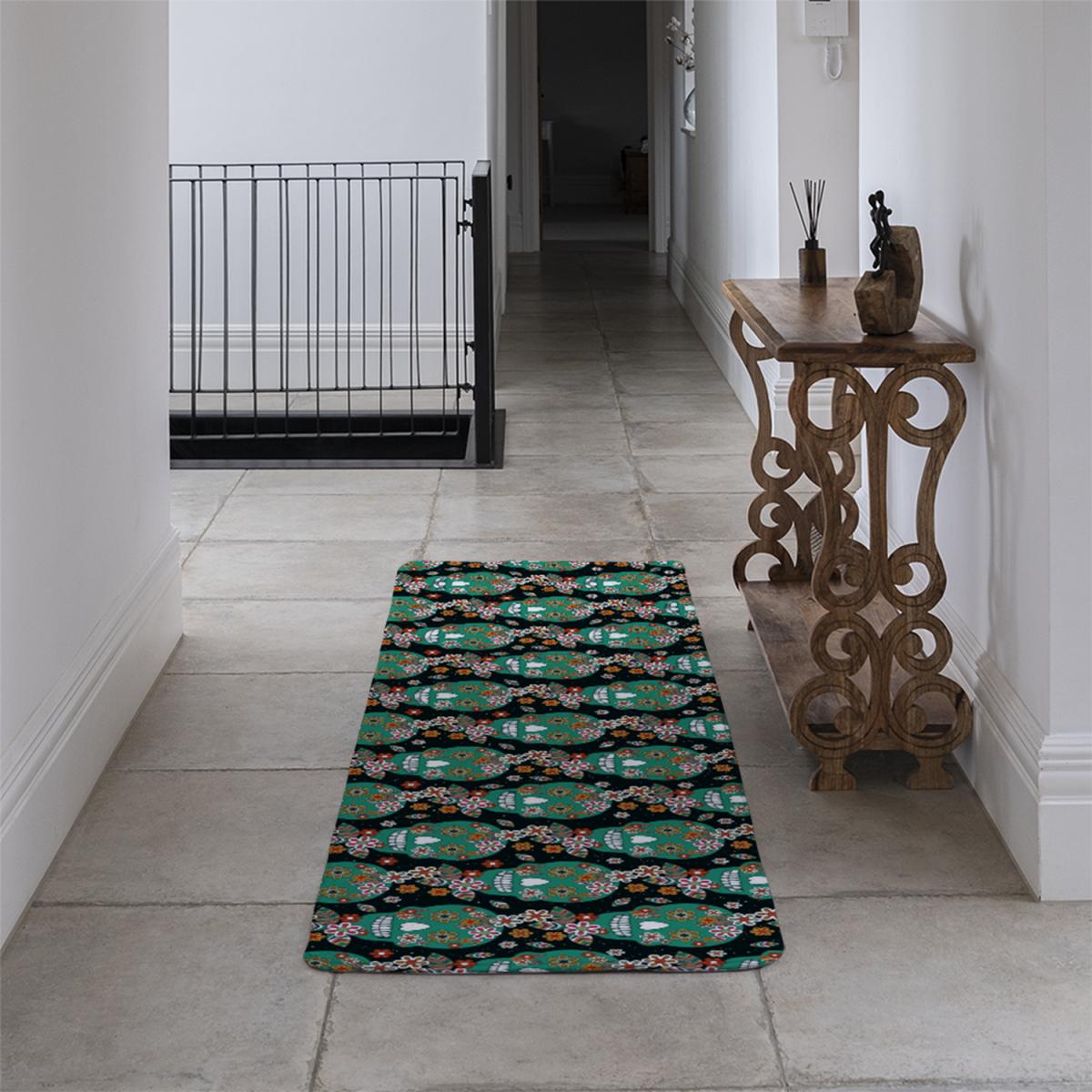 Embroidery Colorful Simplified Ethnic Flowers And Skull Pattern Runner Rug - Green – image 3