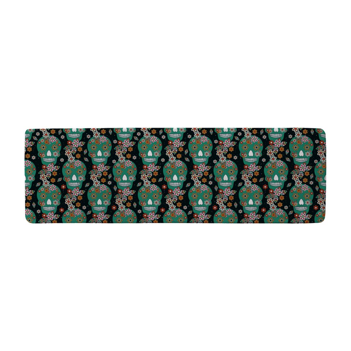 Embroidery Colorful Simplified Ethnic Flowers And Skull Pattern Runner Rug - Green – image 1