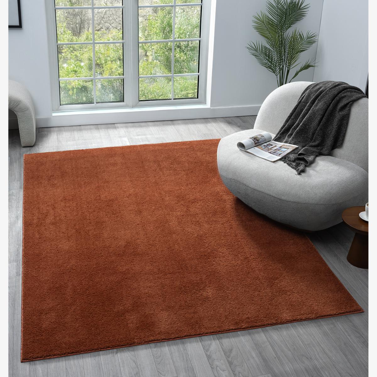 Comfy Washable Low Pile Living Room Plain Area Rug - TERRACOTTA / 280cm / 200cm