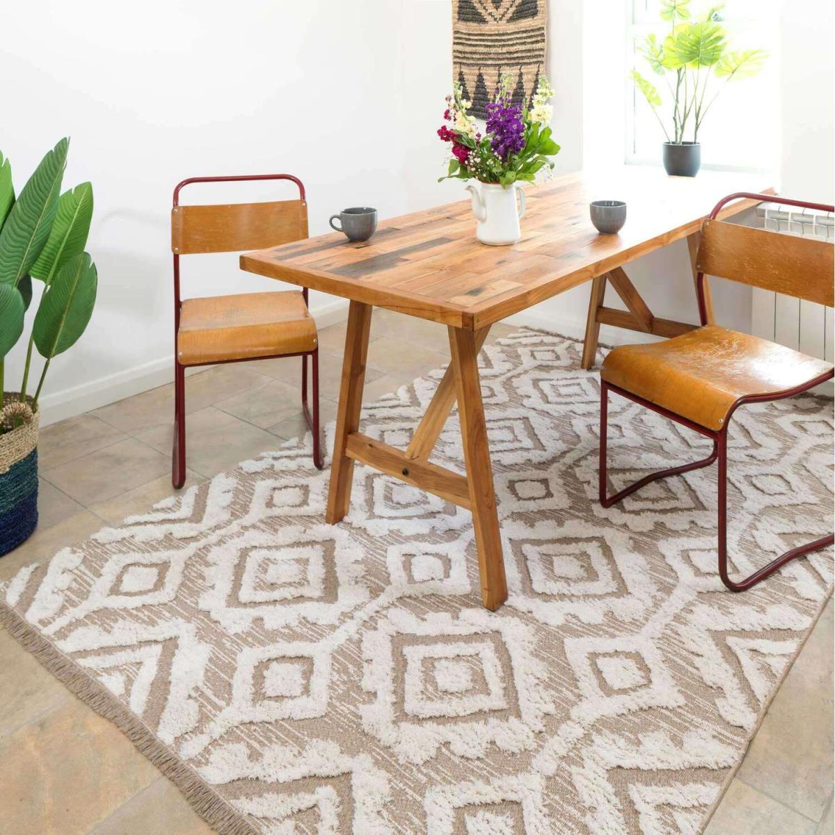 Moroccan Tufted Recycled Cotton Fringed Area Rug - Tribal - Neutral – image 1