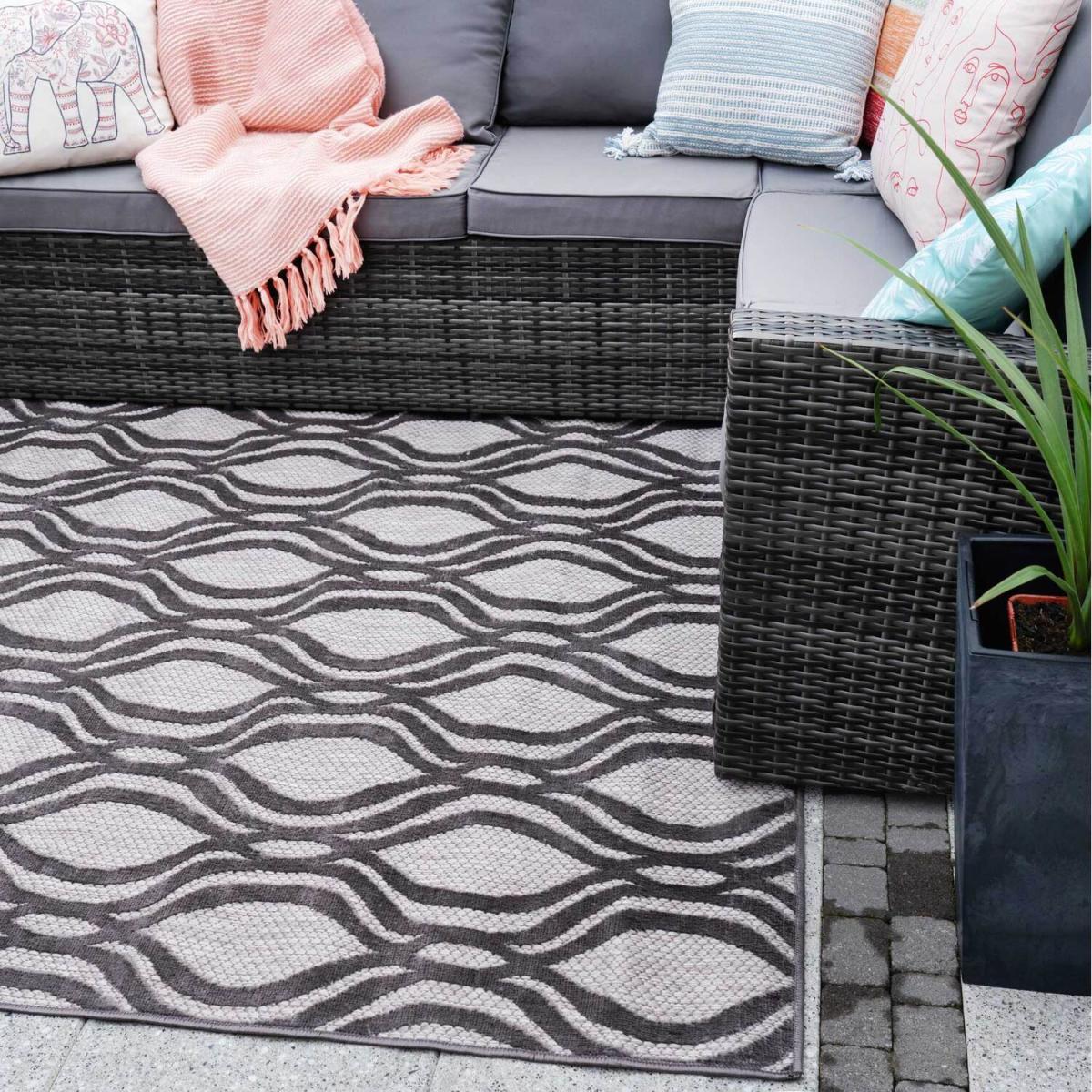 Grey Textured Flatweave Modern Trellis Weatherproof Indoor Outdoor Area Rug - Grey / 170 x 120cm – image 2