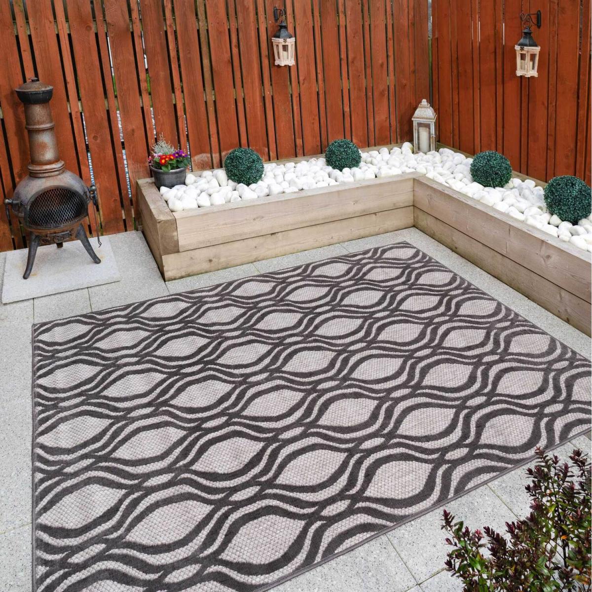 Grey Textured Flatweave Modern Trellis Weatherproof Indoor Outdoor Area Rug - Grey / 170 x 120cm – image 3