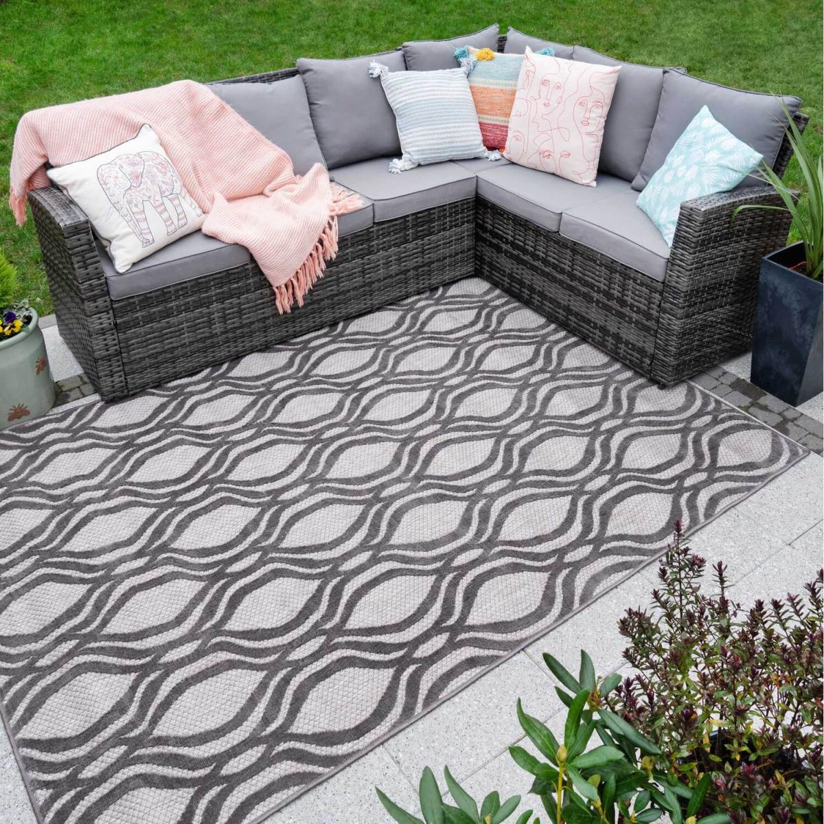 Grey Textured Flatweave Modern Trellis Weatherproof Indoor Outdoor Area Rug - Grey / 170 x 120cm – image 1