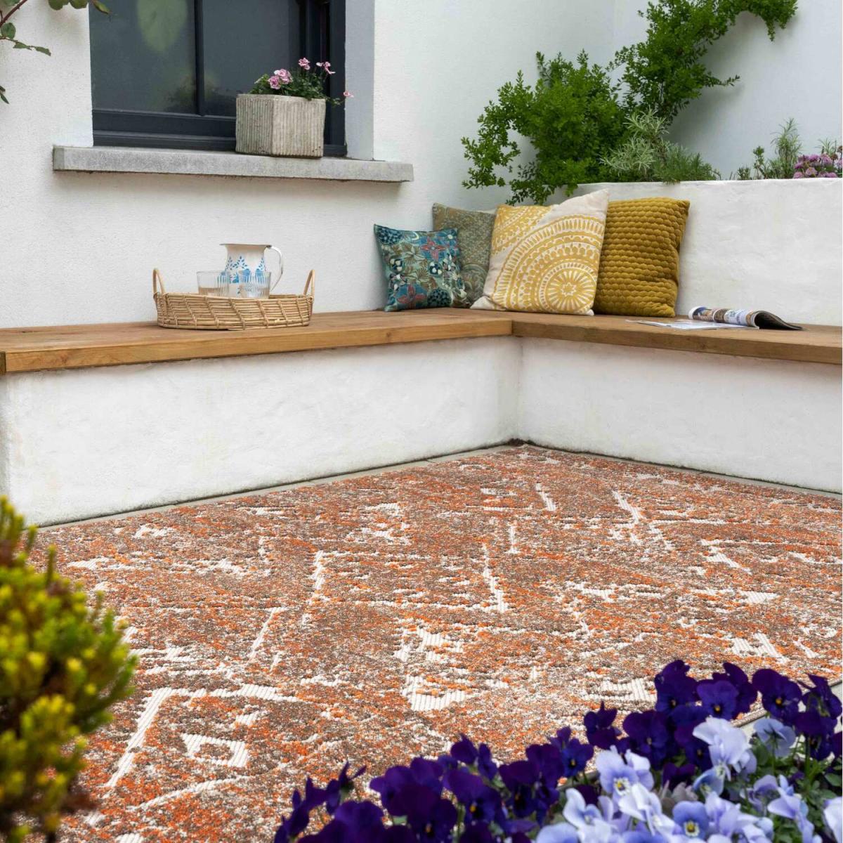 Orange Terracotta White Bordered Geometric Weatherproof Indoor Outdoor Area Rug - Terracotta / 290 x 200cm – image 2