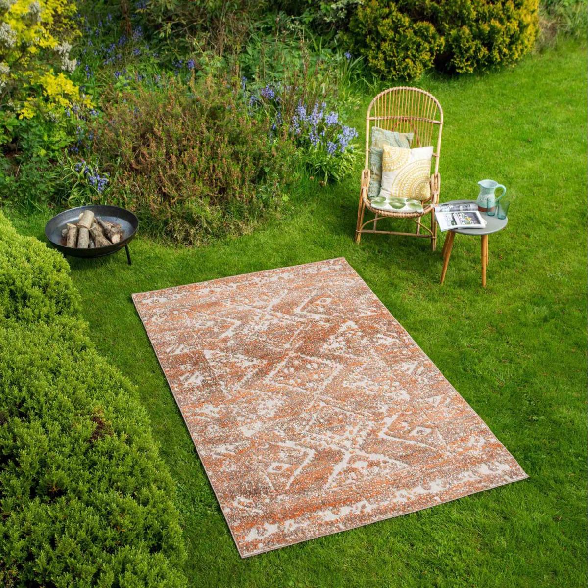 Orange Terracotta White Bordered Geometric Weatherproof Indoor Outdoor Area Rug - Terracotta / 290 x 200cm – image 3