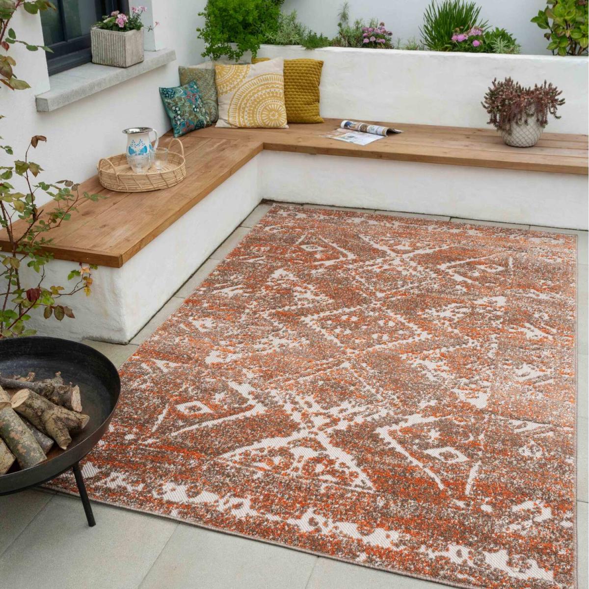 Orange Terracotta White Bordered Geometric Weatherproof Indoor Outdoor Area Rug - Terracotta / 290 x 200cm – image 1