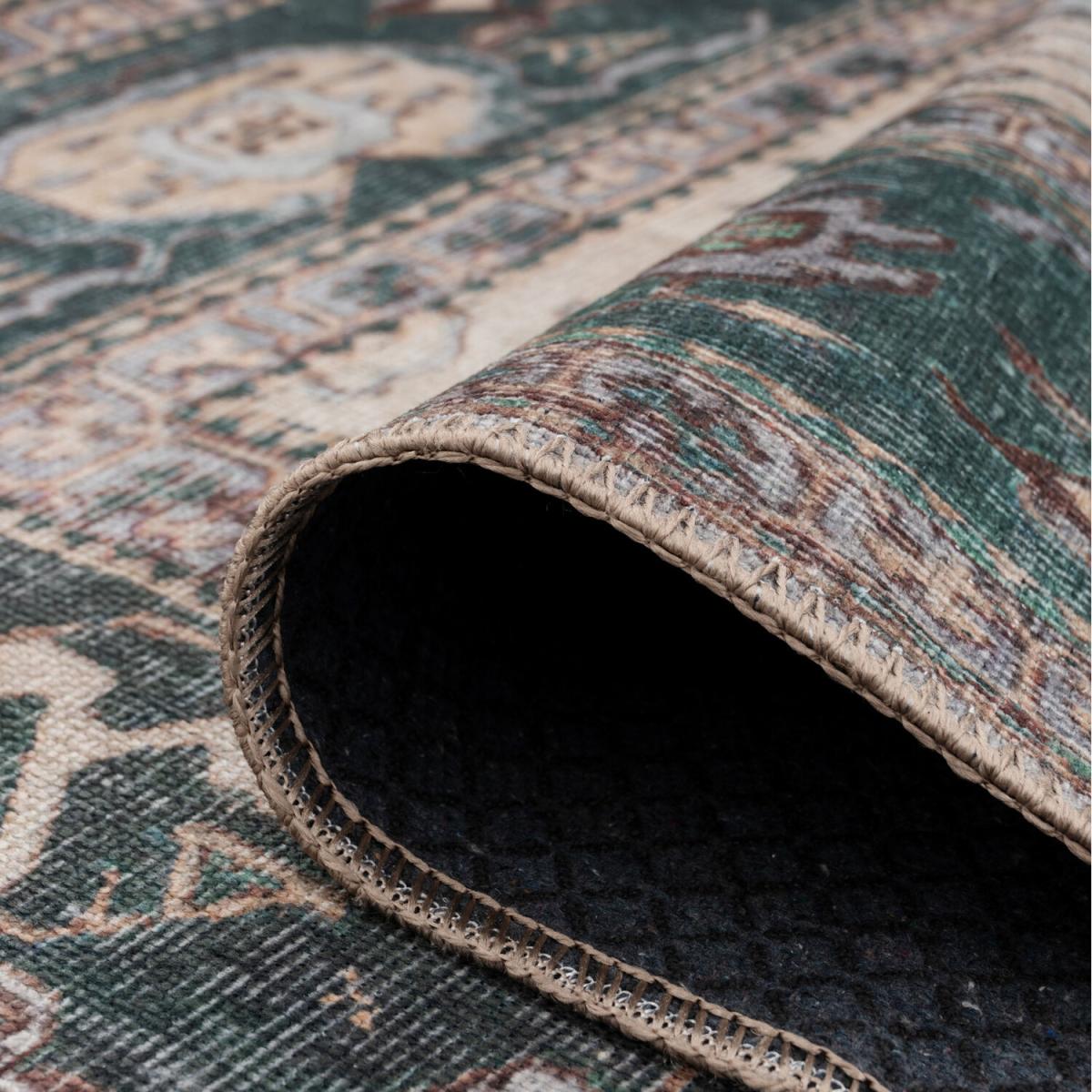 Deep Green Cream Geometric Medallion Non Slip Washable Area Rug - Green / 230cm – image 3