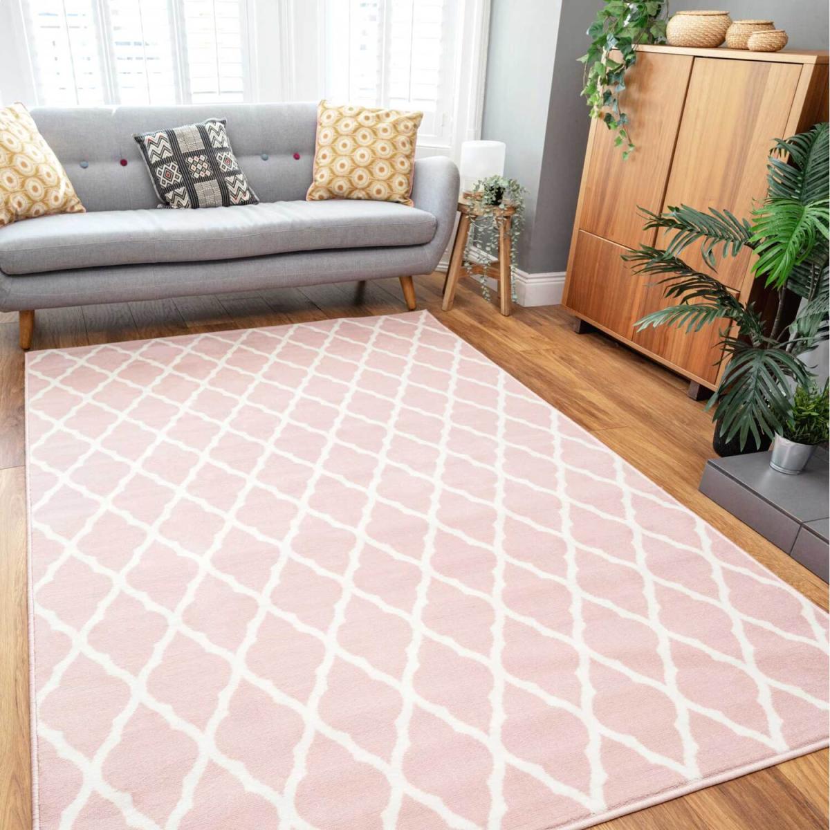 Blush Pink White Classic Trellis Living Room Rug - Blush Pink / 240 x 60cm – image 2