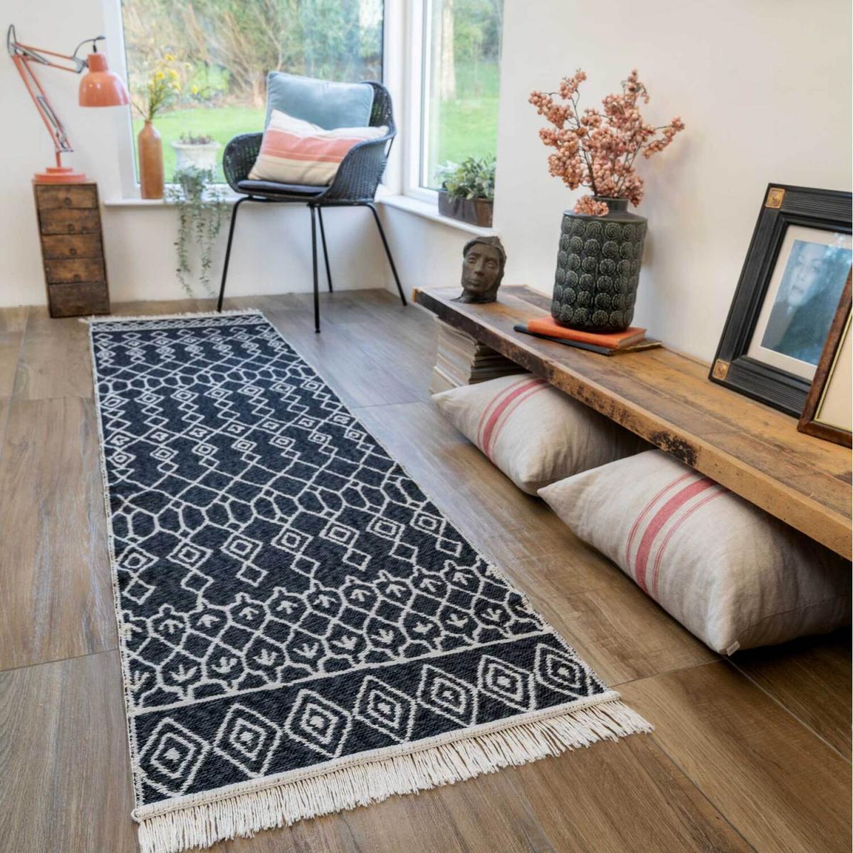 Monochrome Tribal Geometric Recycled Cotton Reversible Fringed Rug - Black / 240 x 60cm – image 1