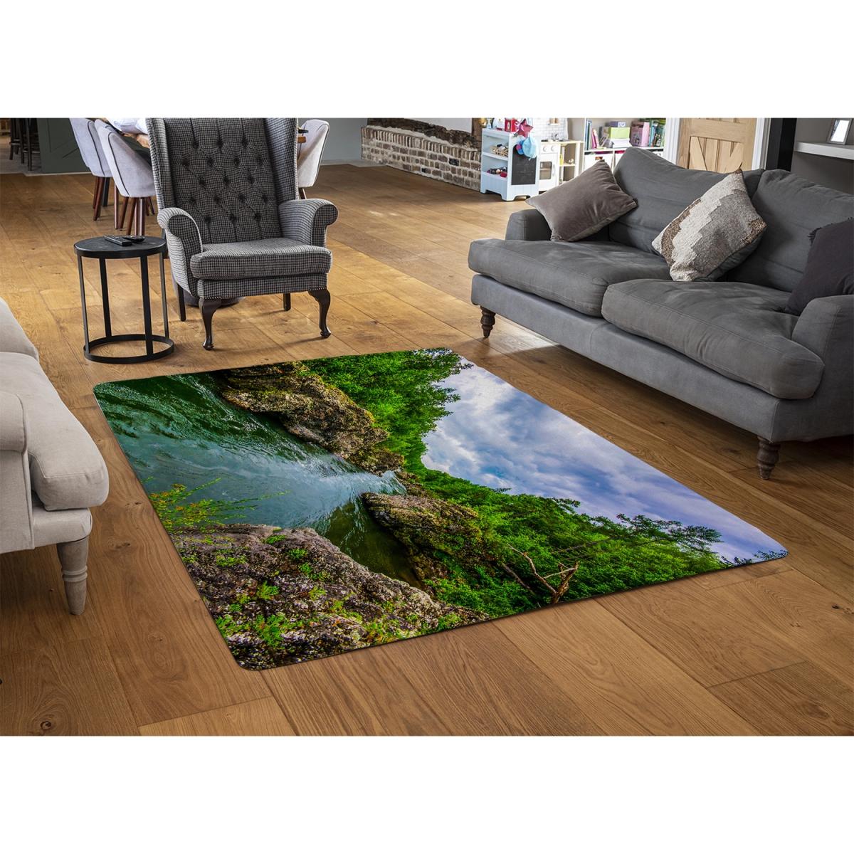 River In Mountain Forest Landscape Designer Rug - Green / 200cm – image 2