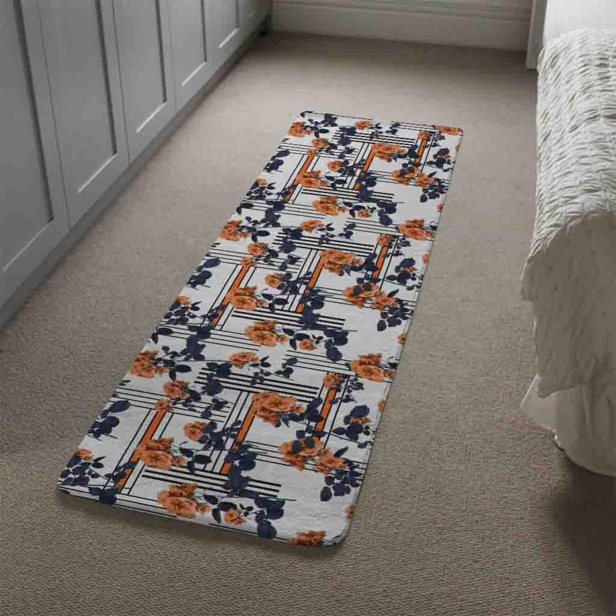 Geometric Lines Flowers Runner Rug - Blue – image 1