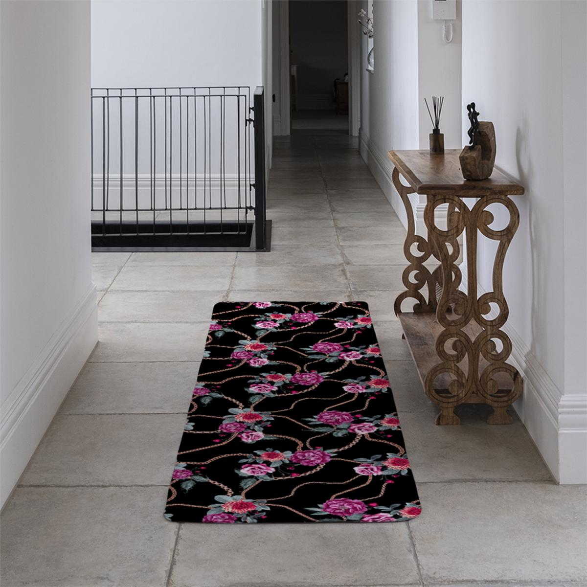 Chain And Flowers Pattern Runner Rug - Black – image 2