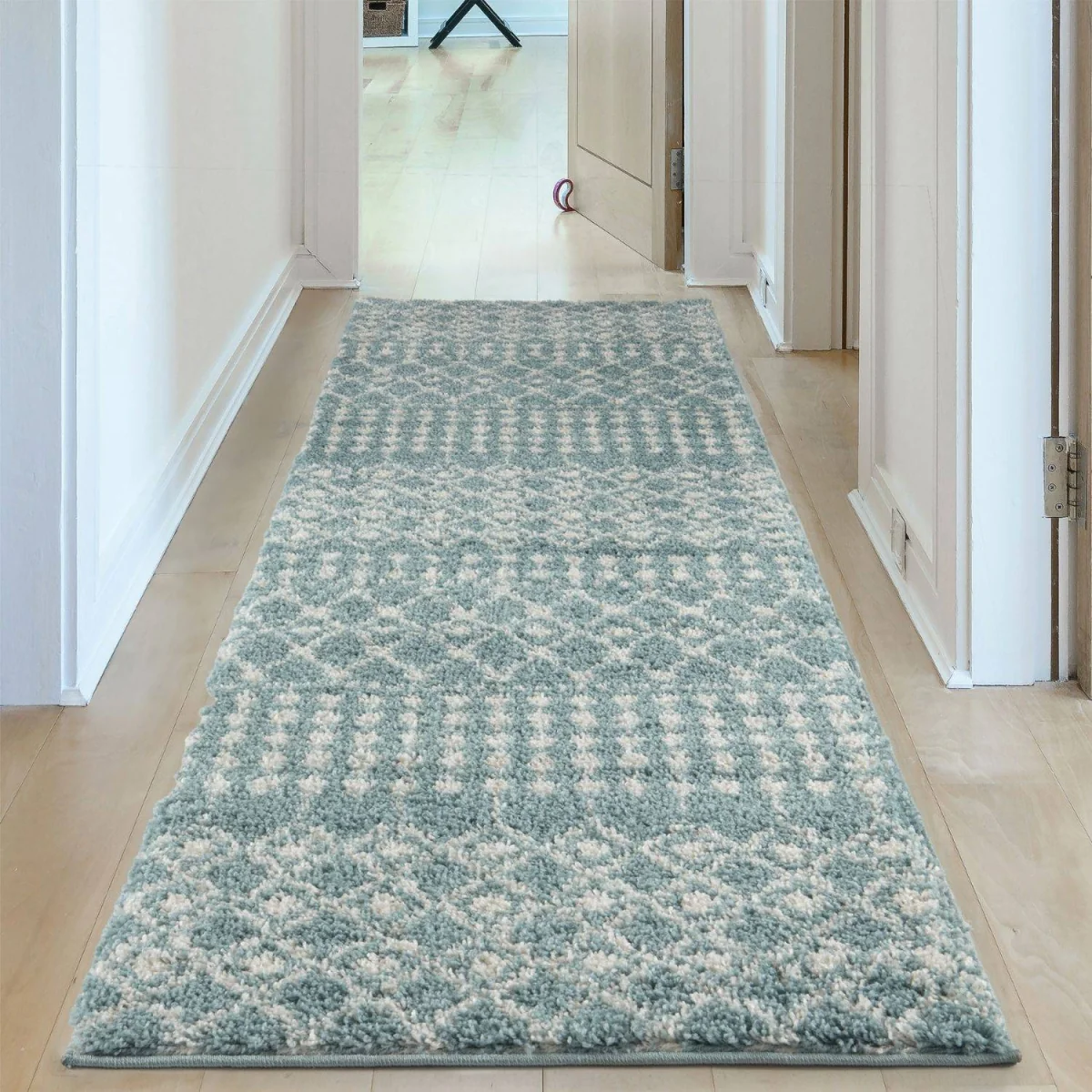 The Rugs Berber Moroccan Design Patterned Shaggy Runner - Duck Egg Blue / 300cm