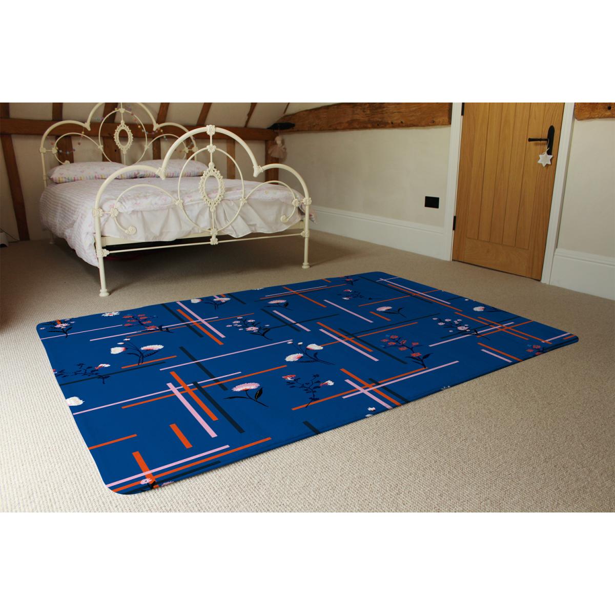 Flowers With Check Grid For Fashion Designer Rug - Blue / 110cm – image 3
