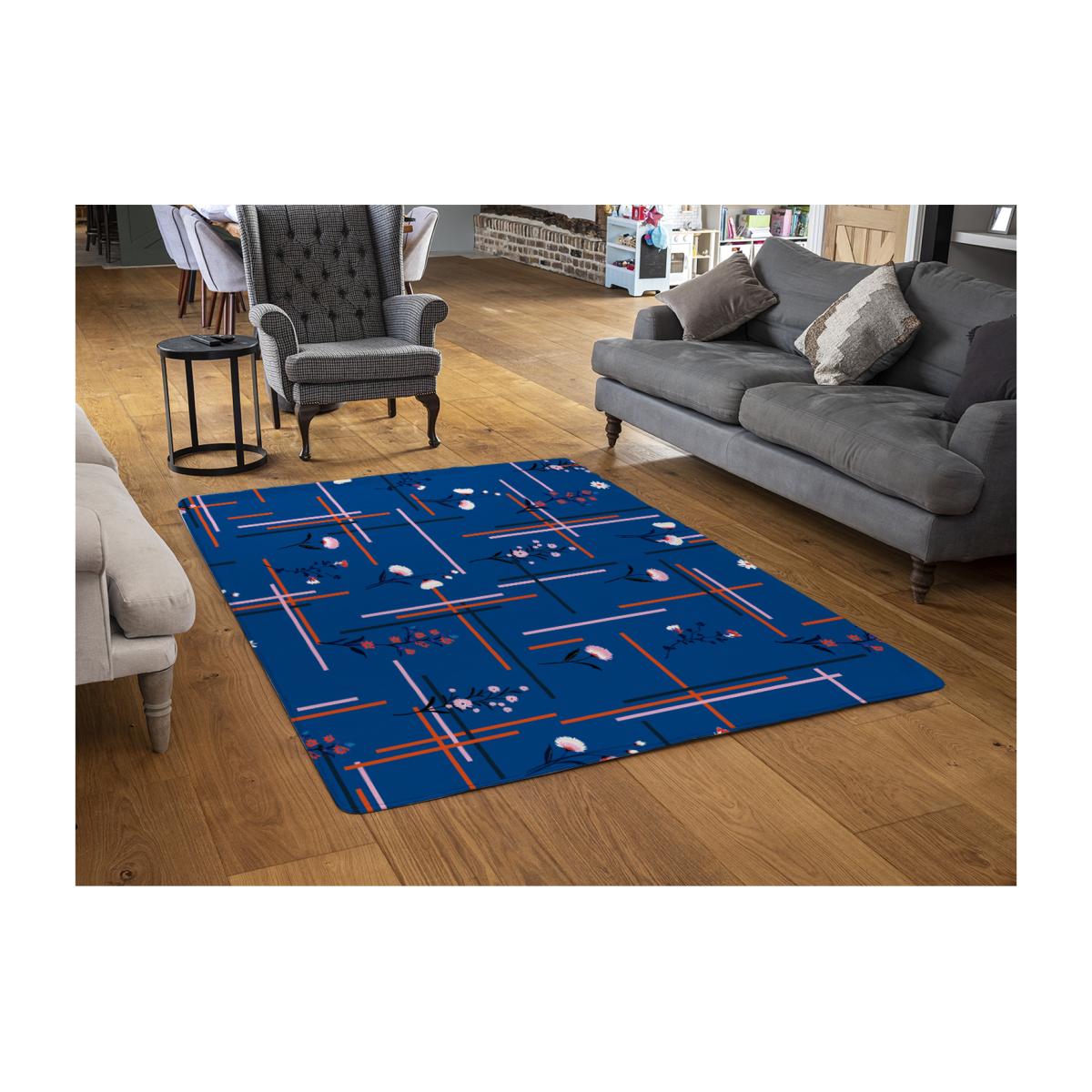 Flowers With Check Grid For Fashion Designer Rug - Blue / 110cm – image 1