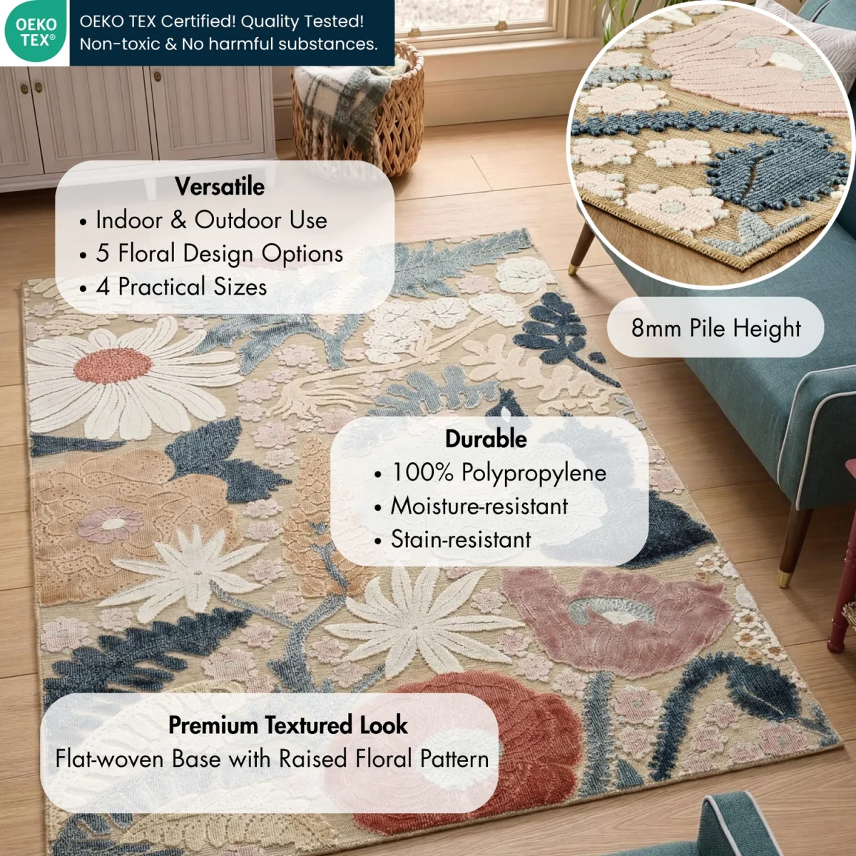 Gardenia Orchid Indoor Outdoor Low Pile Area Rug Floral Design - Beige / 290cm – image 2