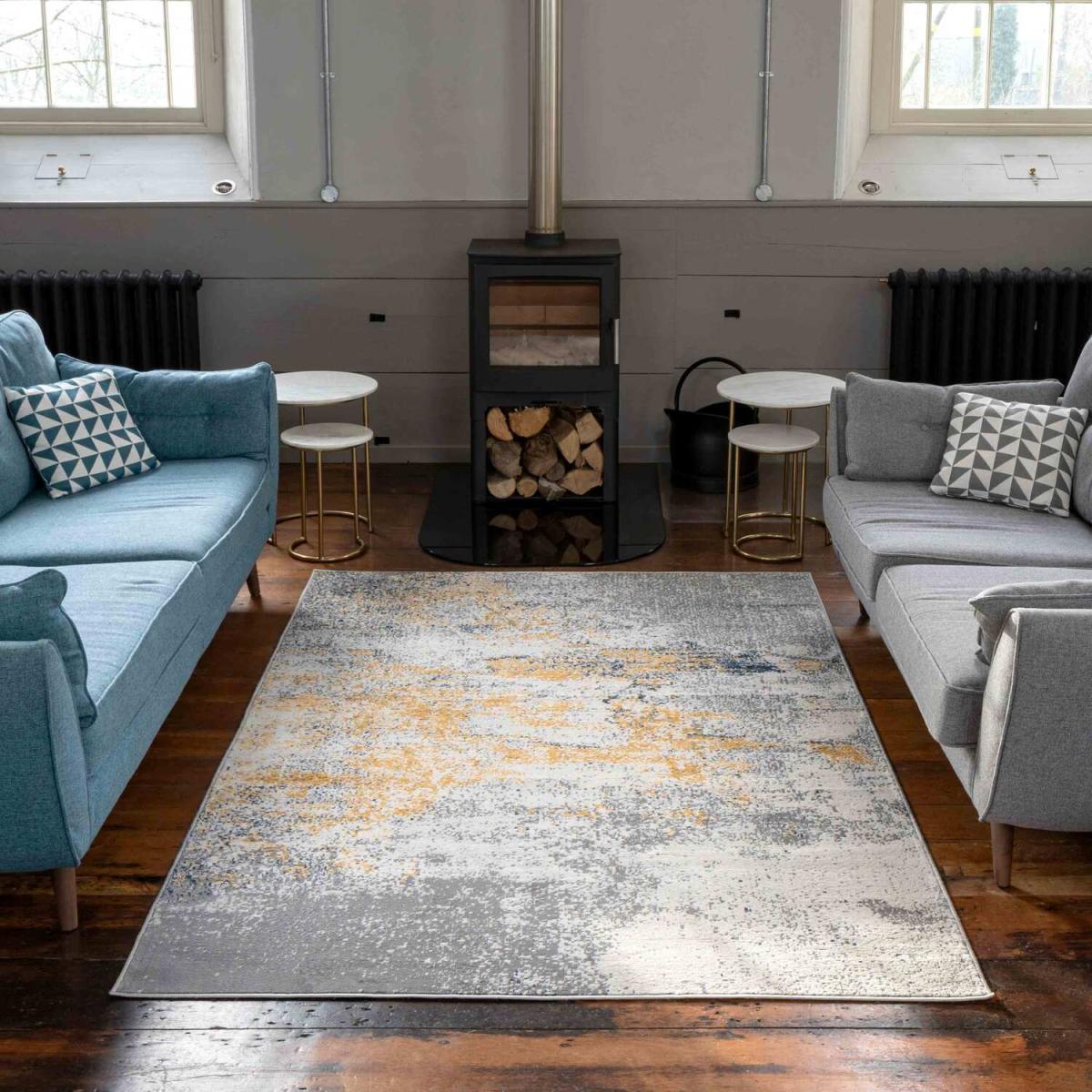 Silver Grey Ochre Distressed Abstract Living Area Rug - Ochre / 150 x 80cm – image 2