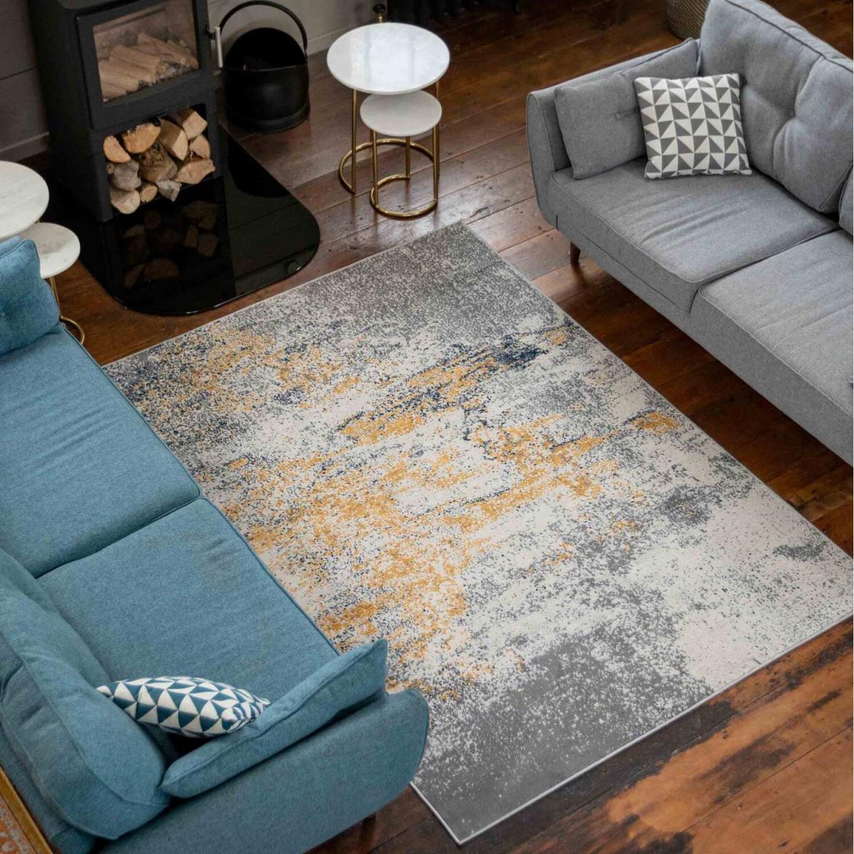 Silver Grey Ochre Distressed Abstract Living Area Rug - Ochre / 150 x 80cm – image 1