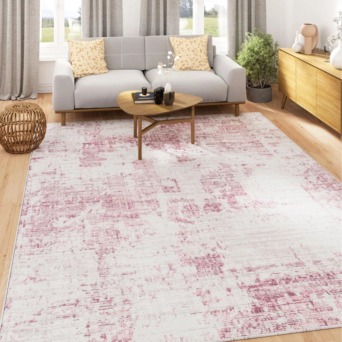 Pale Pink Abstract Washable Rug - Dark Pink White / 190cm