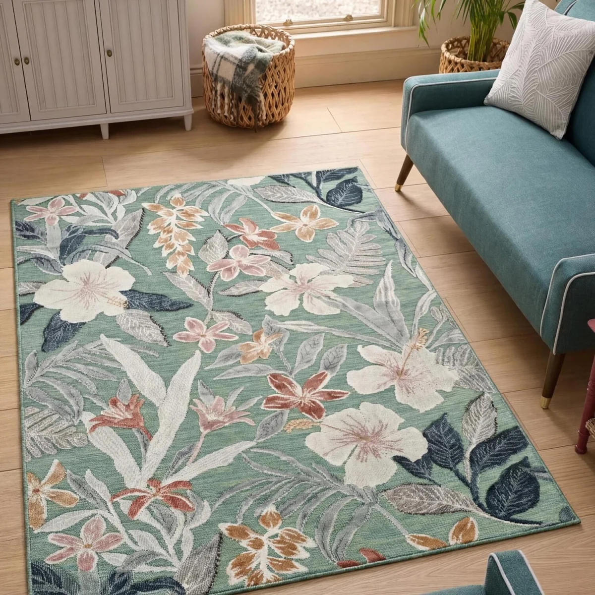 Gardenia Lily Indoor Outdoor Low Pile Area Rug Floral Design Sage - Sage / 80cm – image 2