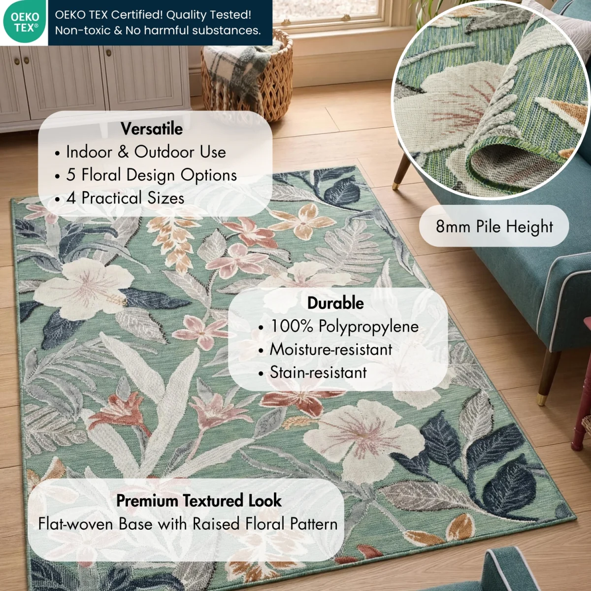 Gardenia Lily Indoor Outdoor Low Pile Area Rug Floral Design Sage - Sage / 80cm – image 4