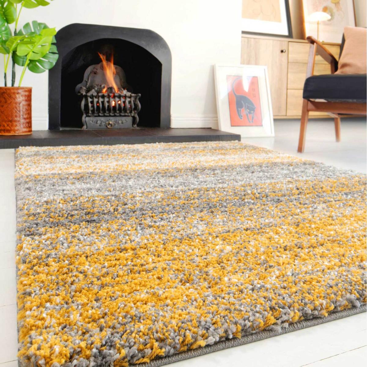 Super Soft Yellow Grey Mottled Striped Shaggy Area Rug - Ochre / 150cm x 80cm – image 2