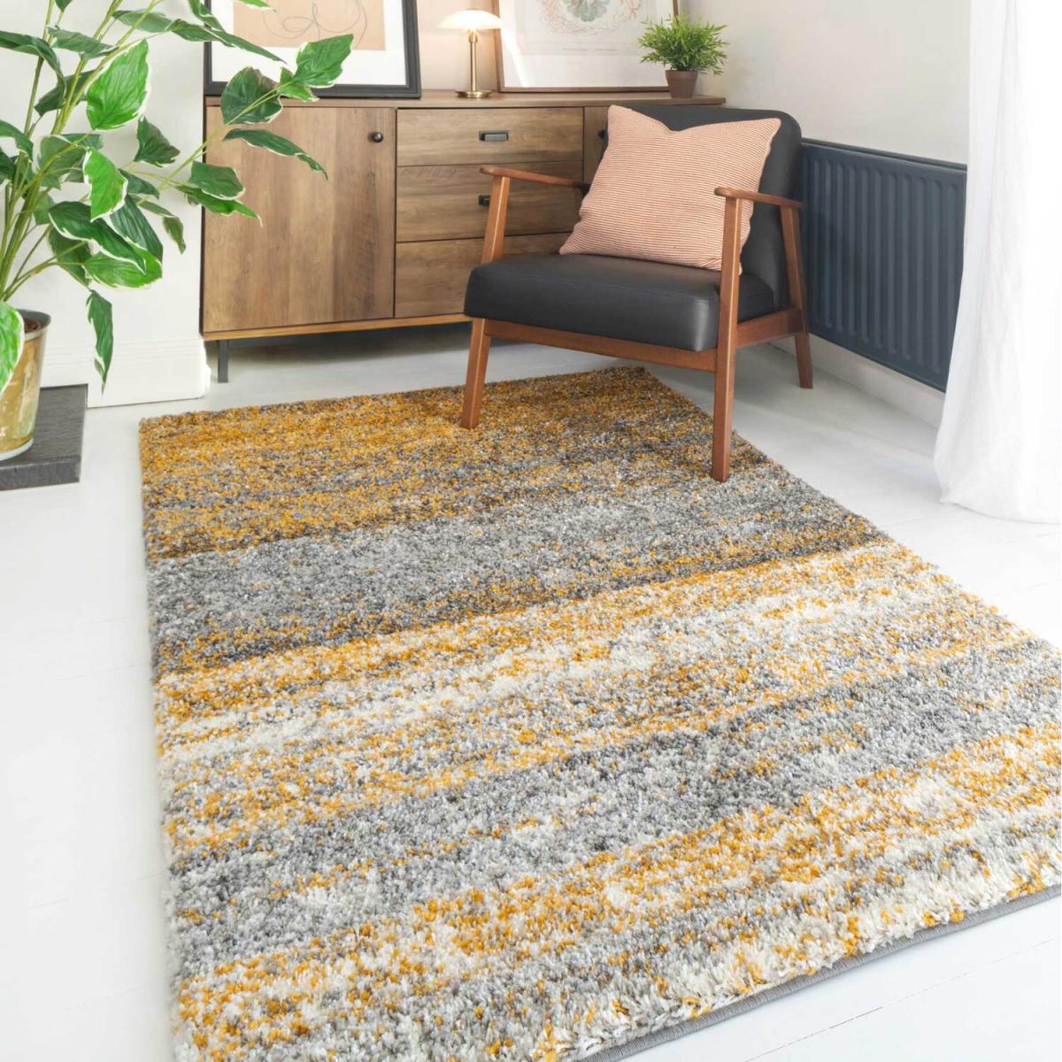 Super Soft Yellow Grey Mottled Striped Shaggy Area Rug - Ochre / 150cm x 80cm – image 1