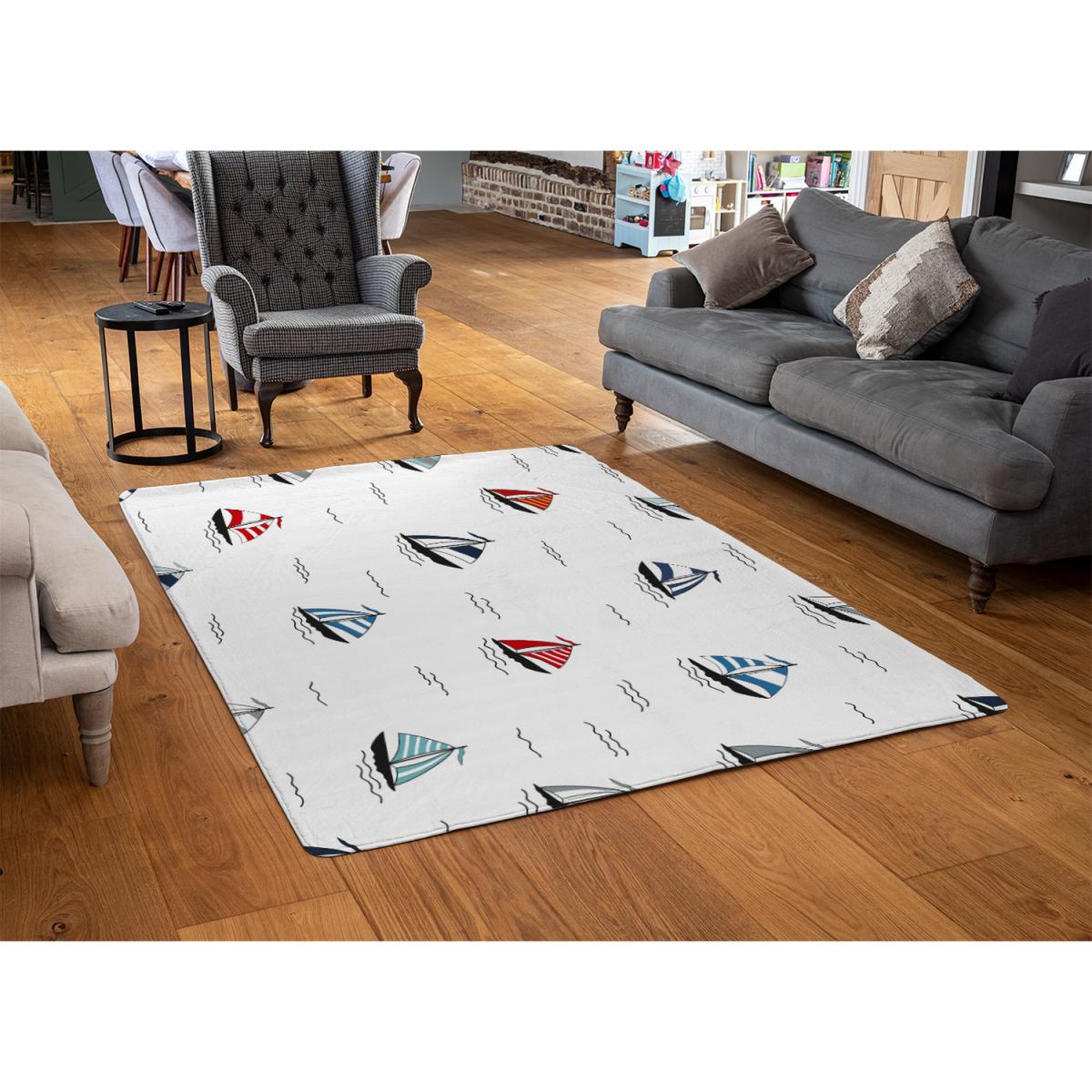 Red Blue Sailboats Rug - White / 110cm – image 2