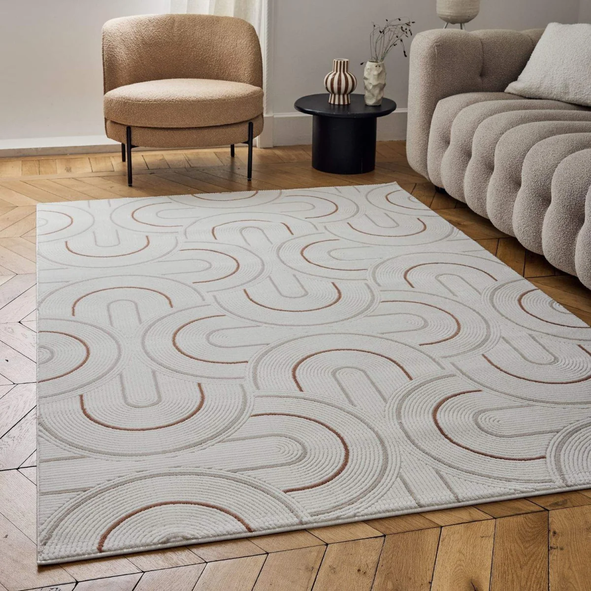 The Rugs Carmel Curved Lines Textured Rug - Cream-Terra – image 5