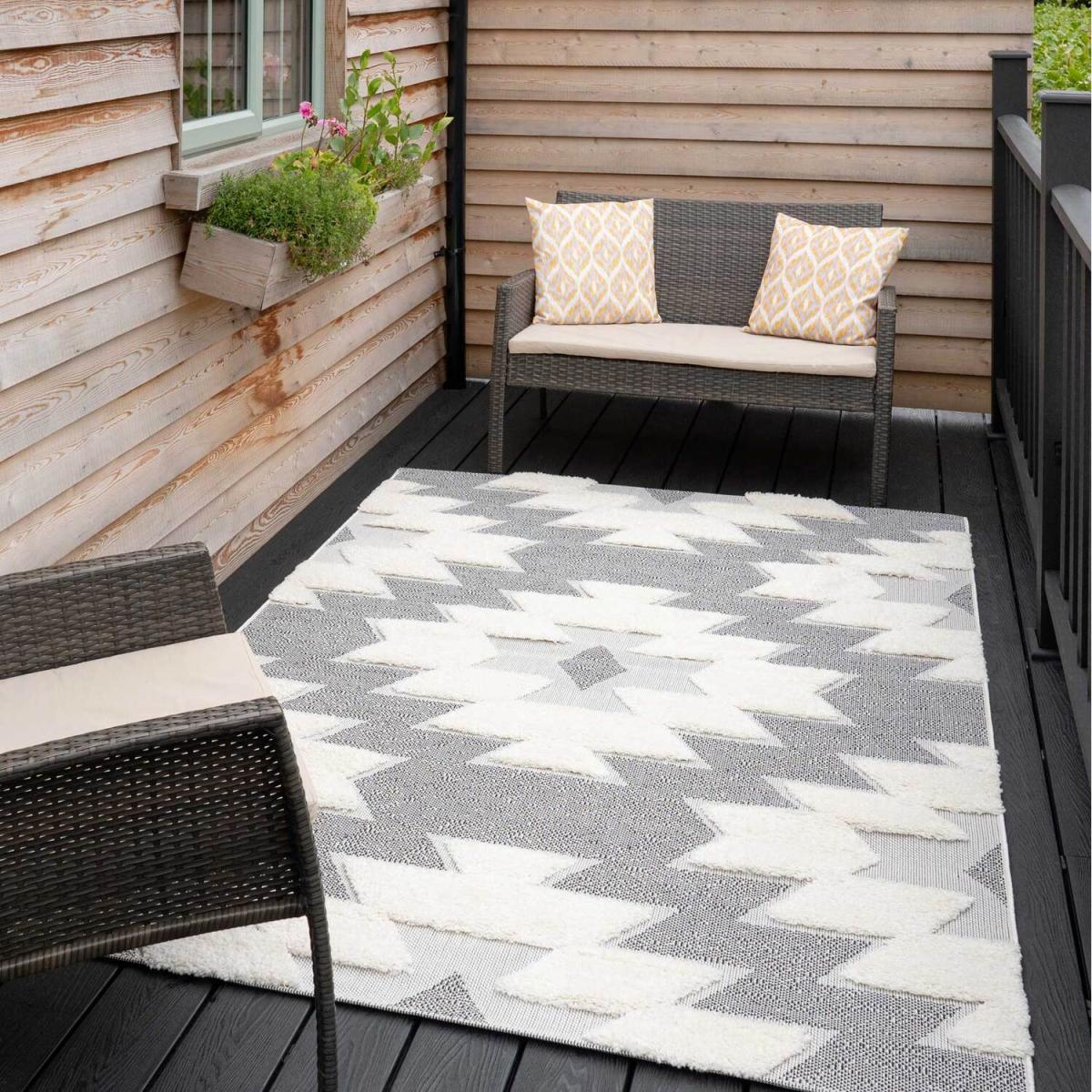 Grey Beige Aztec Geometric Textured Flatweave Indoor Outdoor Rug - Grey / 110 x 60cm – image 1