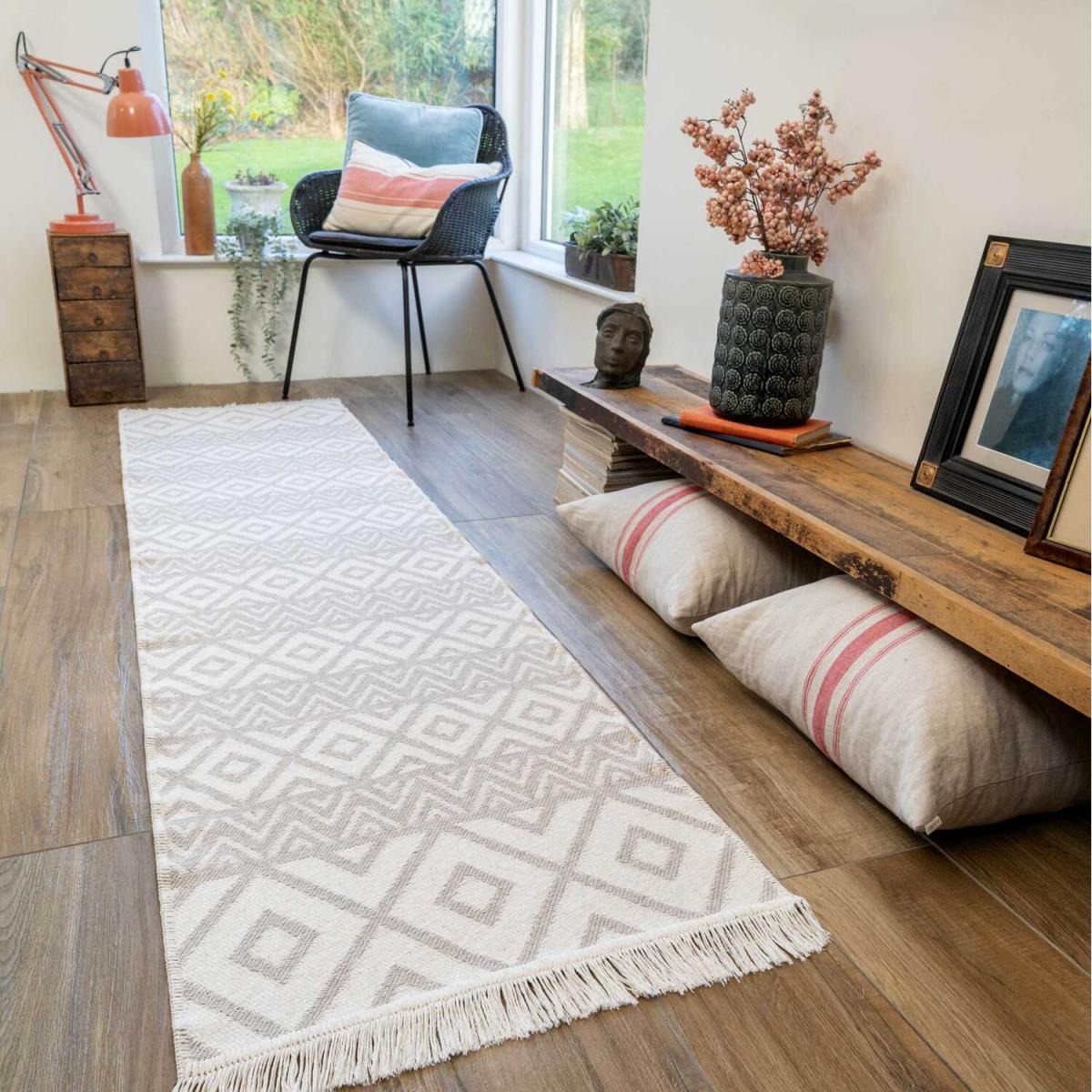 Beige White Geometric Recycled Cotton Reversible Fringed Rug - Beige / 240 x 60cm – image 1