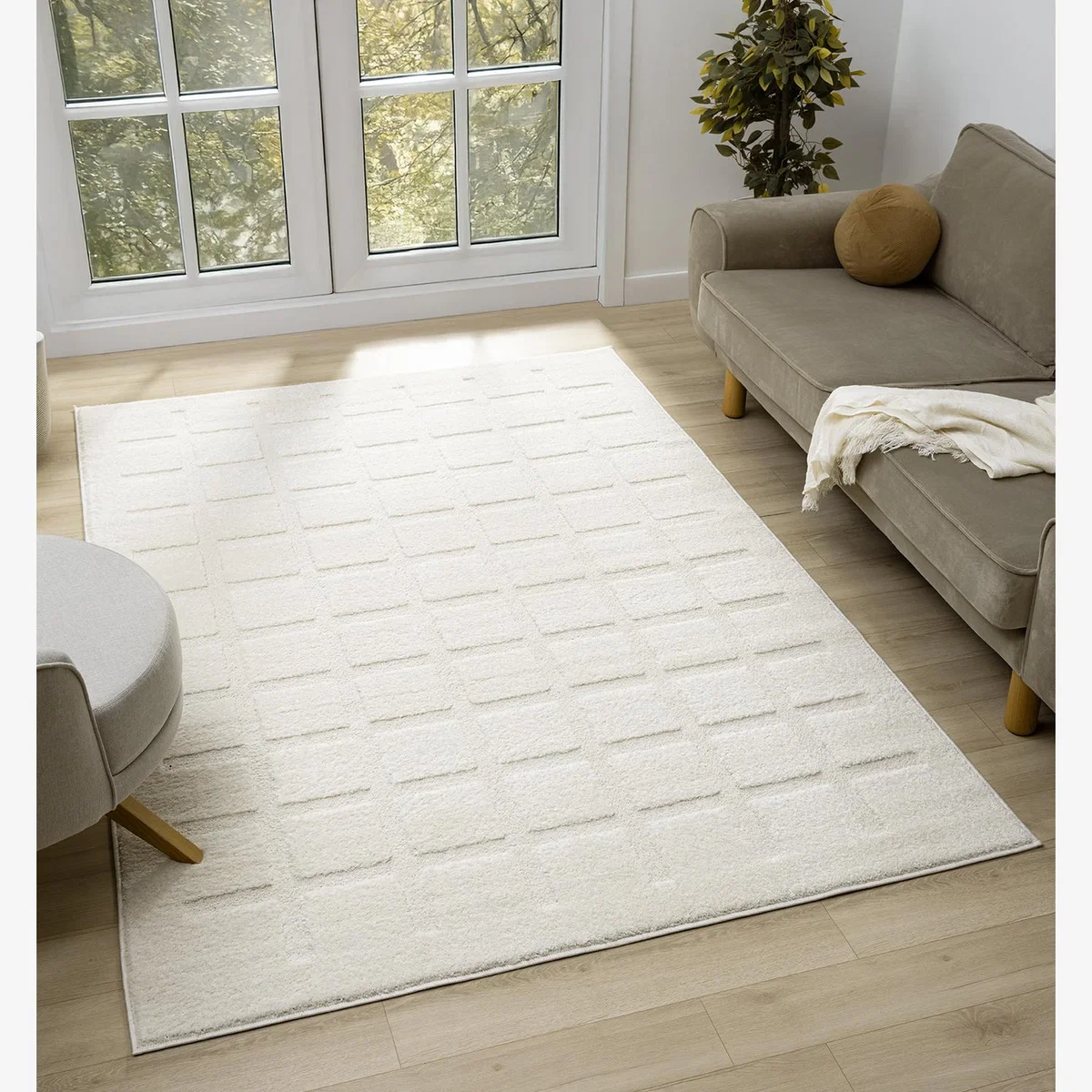 Aya Living Room Area Rugs - Embossed Cubed Design Cream Rug - Cream / 290cm