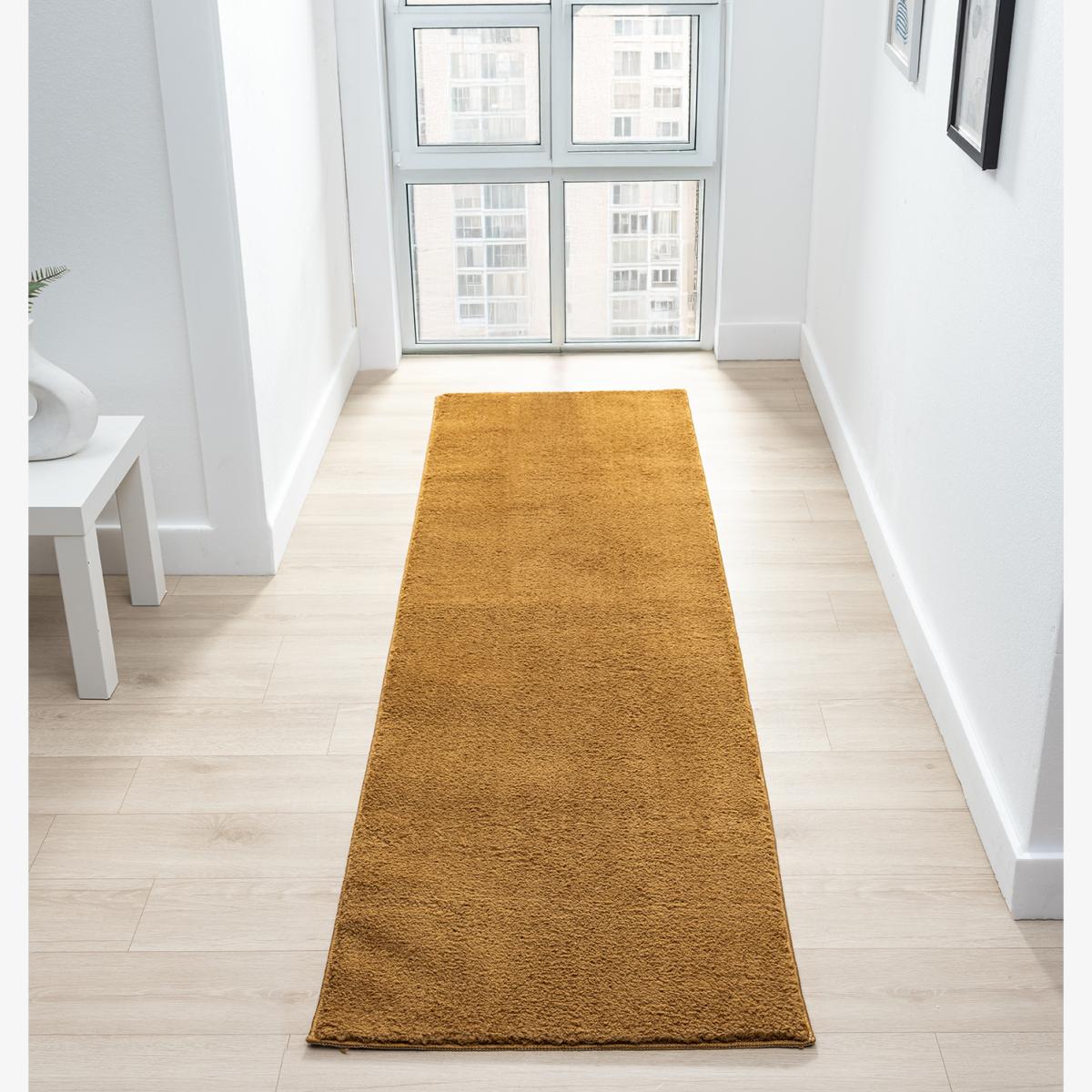 Comfy Washable Low Pile Living Room Plain Area Rug - GOLD / 200cm / 60cm
