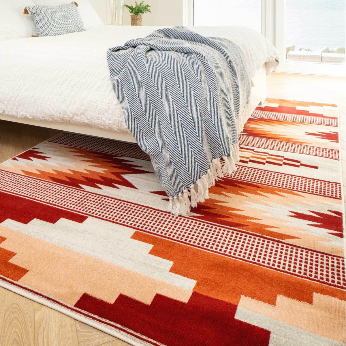 Warm Orange Terracotta Tribal Geometric Low Pile Soft Living Area Rug - Terracotta / 170cm – image 2