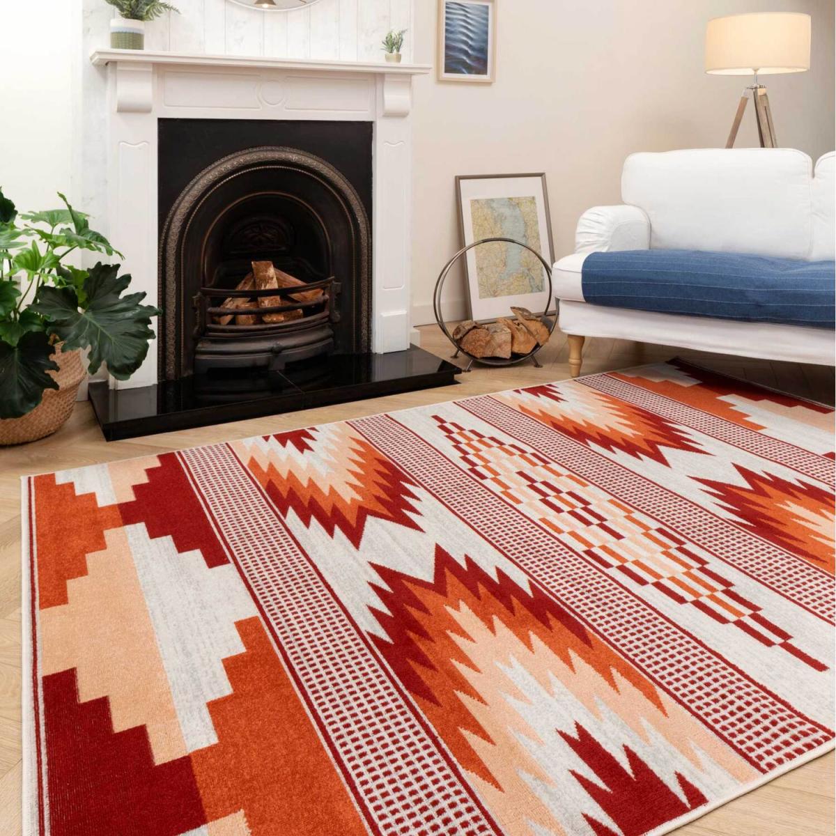 Warm Orange Terracotta Tribal Geometric Low Pile Soft Living Area Rug - Terracotta / 170cm – image 1