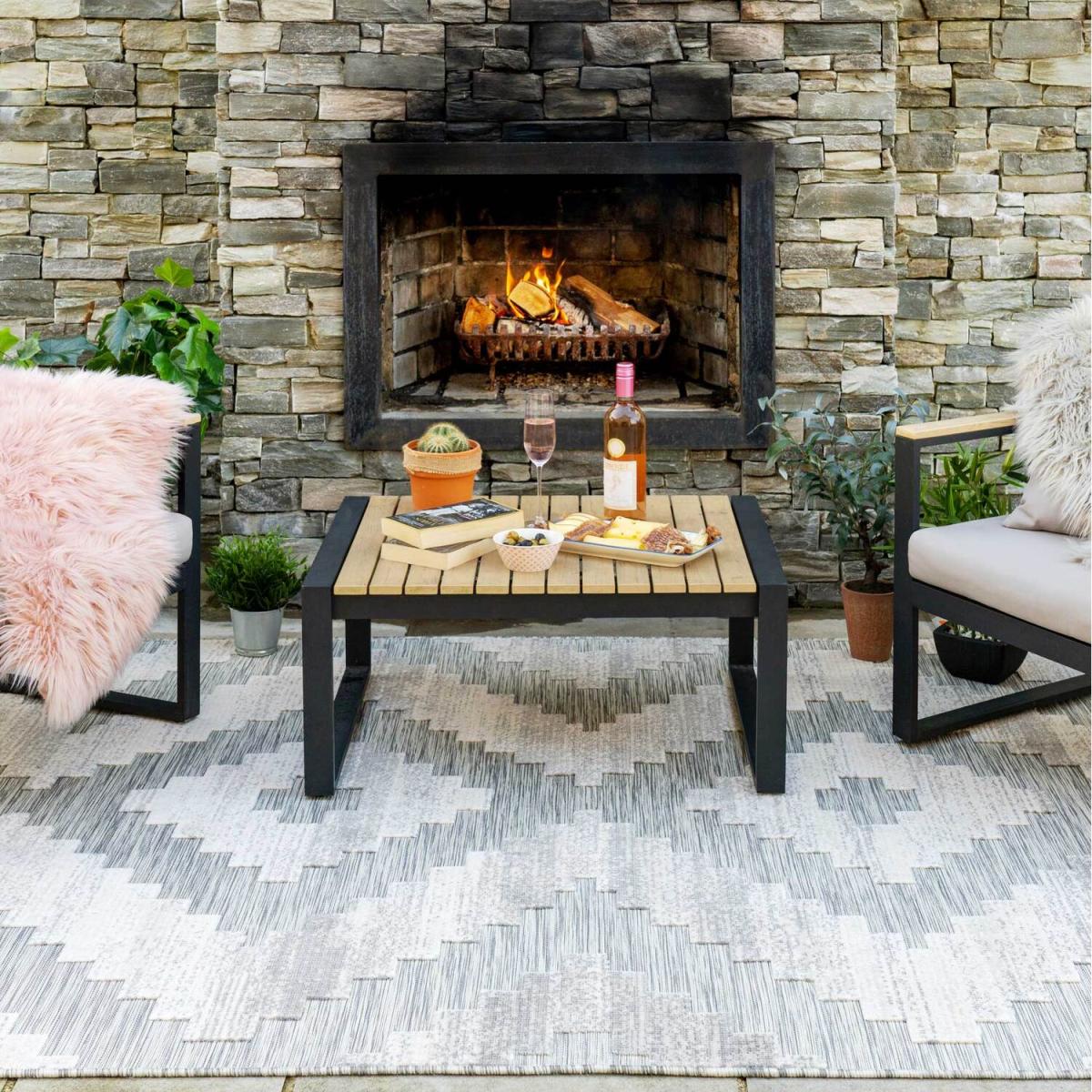 Stone Greige Diamond Geometric Textured Flatweave Indoor Outdoor Rug - Stone / 110 x 57cm – image 8